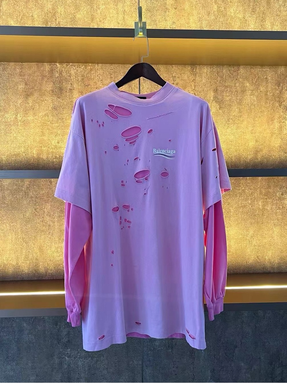 Balenciaga Pink Layered Distressed Long Sleeve Tee